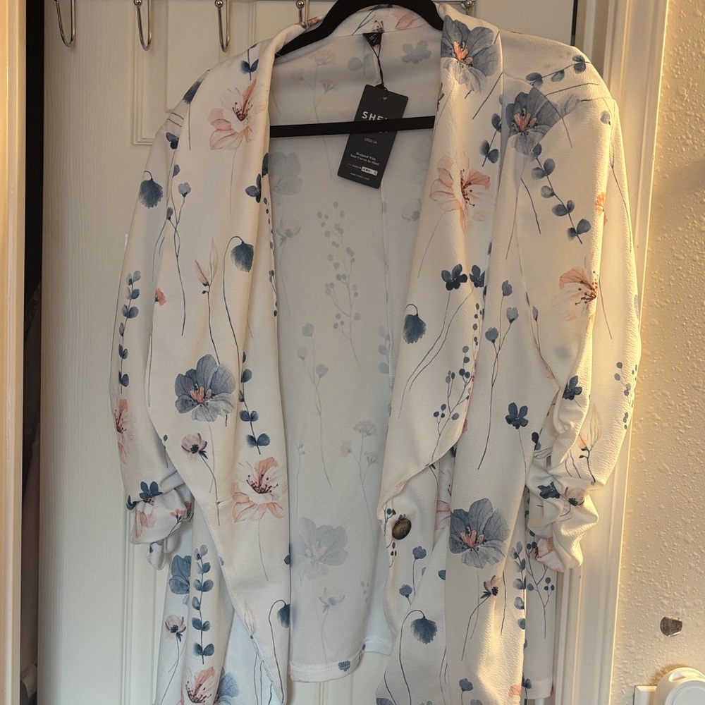 SHEIN Floral Print Jacket - White and Blue